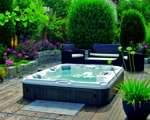 Beautiful and sunny outdoor hot tub installation.